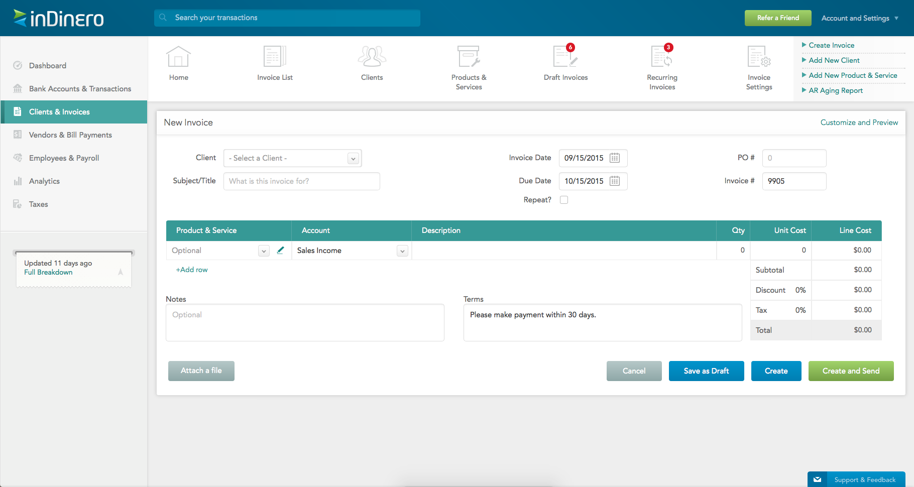 Here, you can create a new invoice and customize it to your brand's specifications using indinero