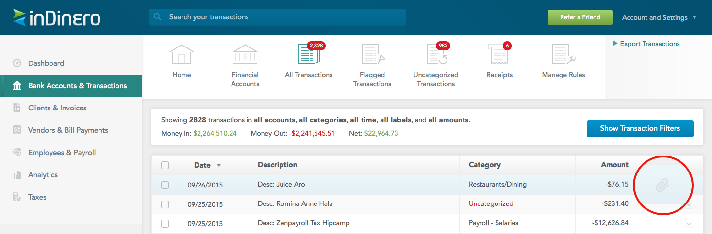 Attach receipts to your transactions using indinero receipt matching
