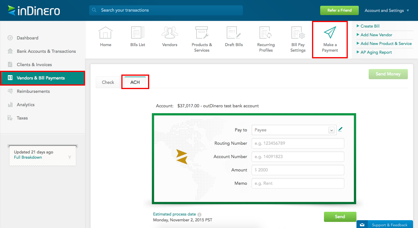 indinero sends money via ACH in order to make small business operations more efficient