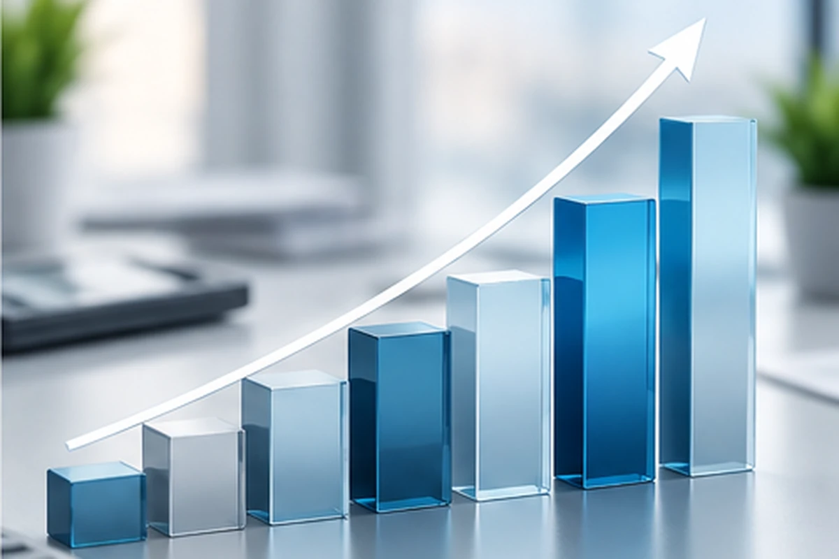 Rising glass bar chart with an upward arrow on an office desk