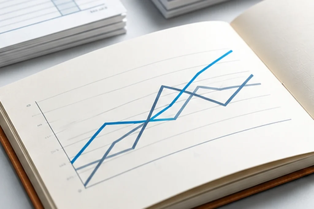 Open notebook with a hand-drawn line chart trending upward