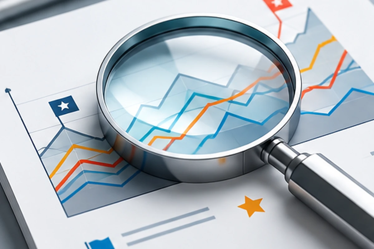 Magnifying glass over a financial line chart