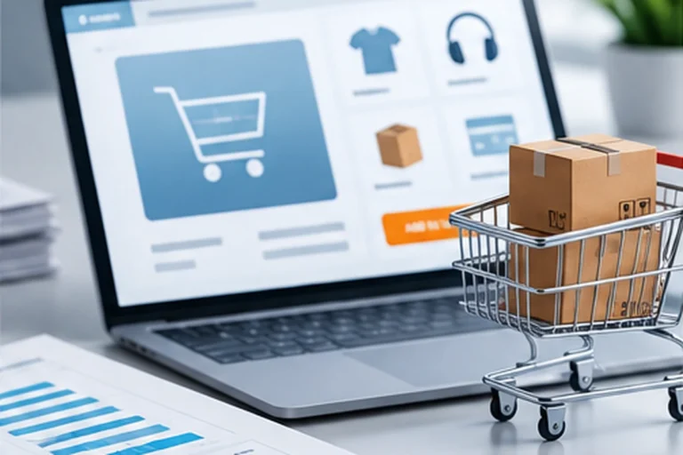 Laptop showing an online store next to a mini shopping cart holding parcels