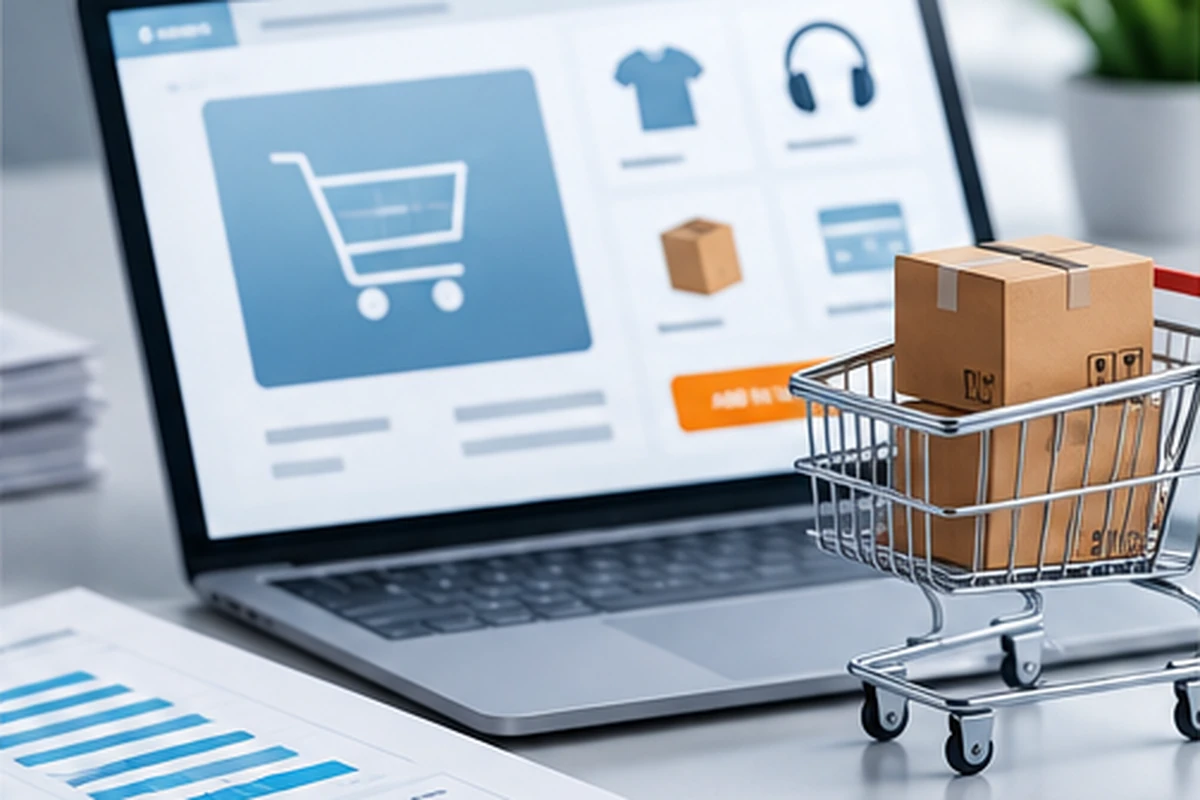 Laptop showing an online store next to a mini shopping cart holding parcels