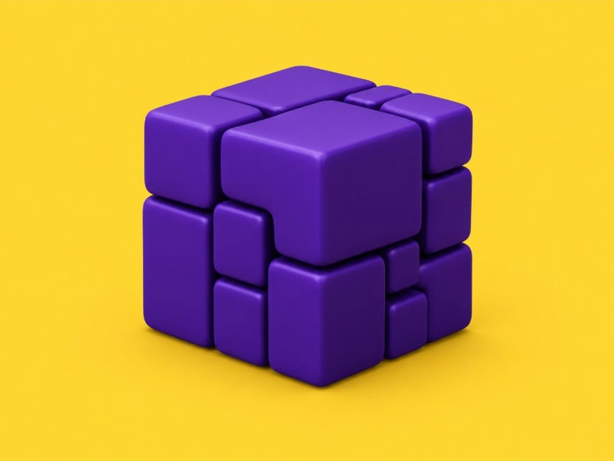 Purple interlocking blocks forming one larger cube on a yellow background