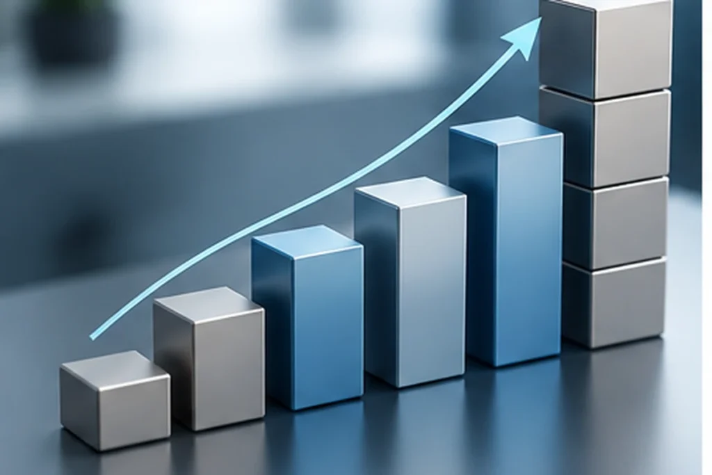 Rising bar chart made of blue and silver blocks with an upward arrow