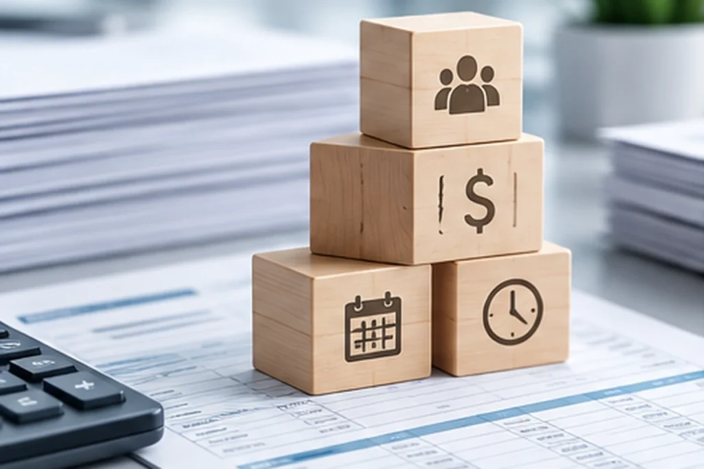 Wooden blocks with team, dollar, calendar and clock icons on a payroll sheet