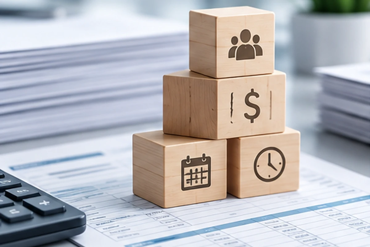 Wooden blocks with team, dollar, calendar and clock icons on a payroll sheet