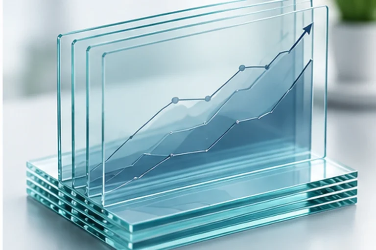 Layered glass panels showing an upward trending chart
