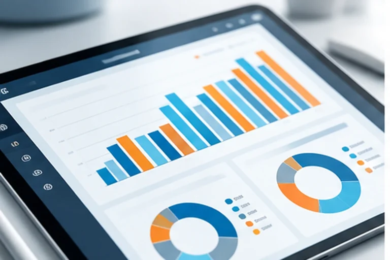 Tablet showing a financial dashboard with bar and donut charts