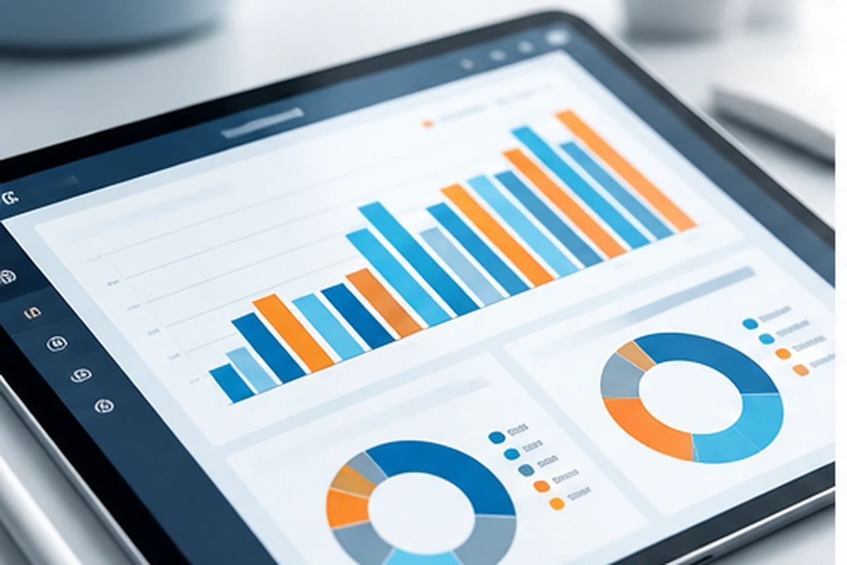 Tablet showing a financial dashboard with bar and donut charts