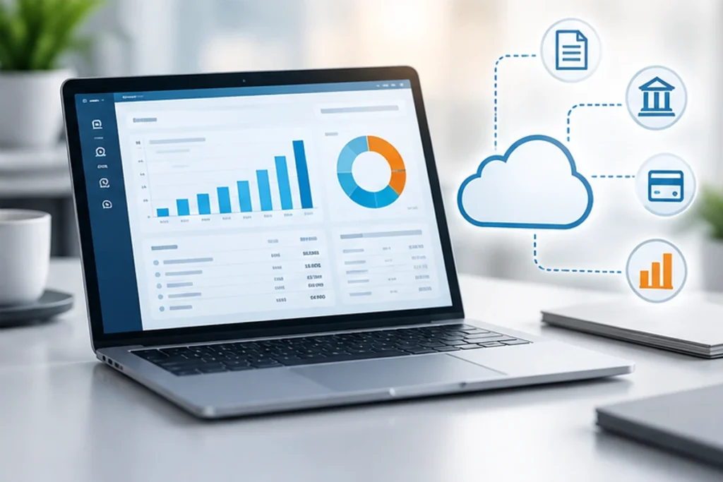 Laptop with a finance dashboard linked to cloud icons for documents, bank, card and reports