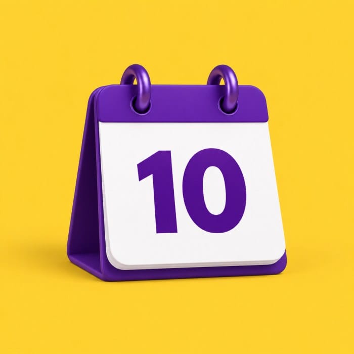 Purple desk calendar showing the 10th, on a yellow background