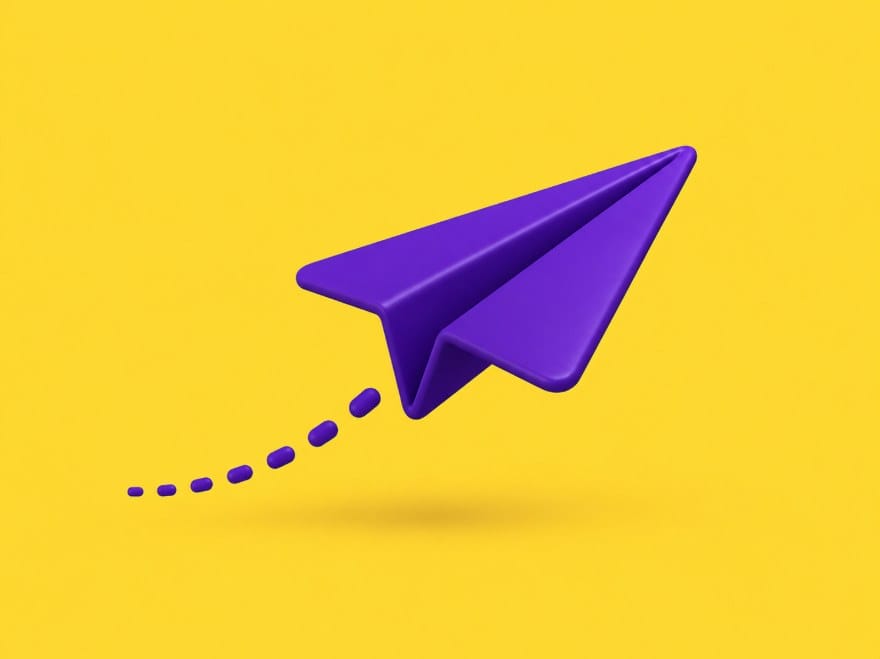 Purple paper plane taking off on a yellow background