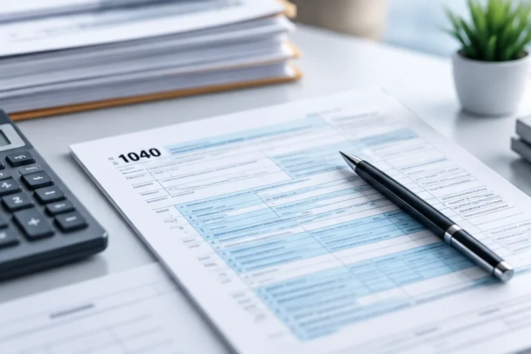 Form 1040 tax return with a pen and calculator on a desk