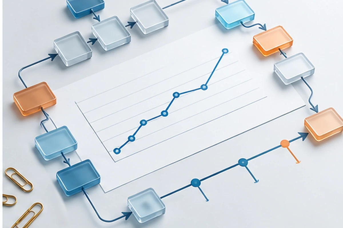 Workflow of connected blocks around a rising line chart